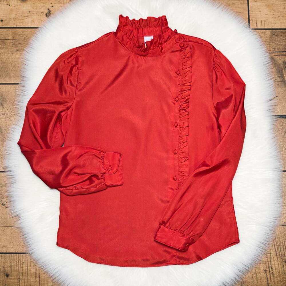 Vintage 70's Red Frilly Ruffle Neck Buttons Blouse Top M/L